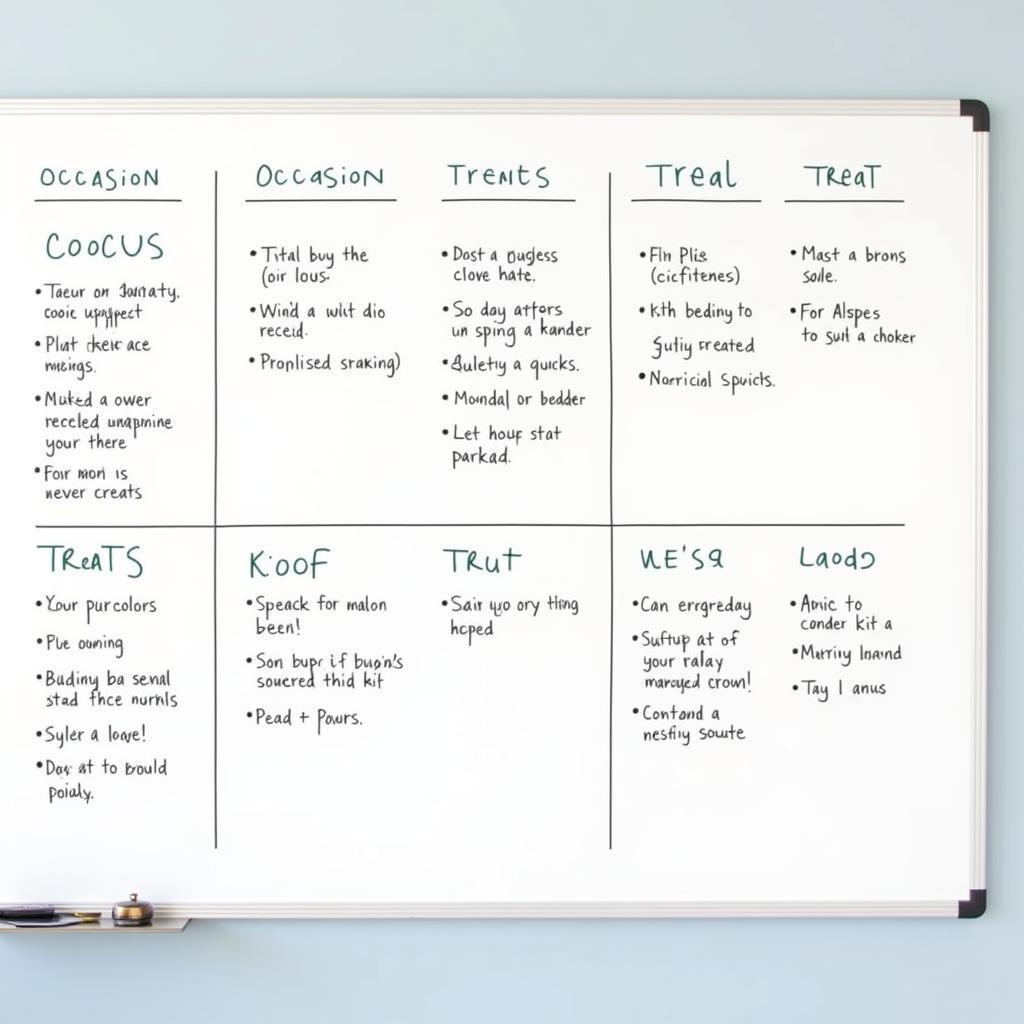 A whiteboard with a list of employee treat ideas and a budget breakdown.