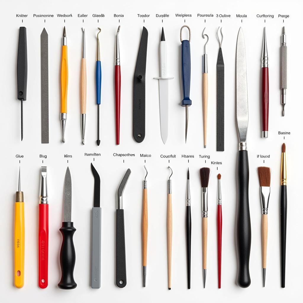 An array of essential tools for model kit building, including precision knives, tweezers, glue, and paints.