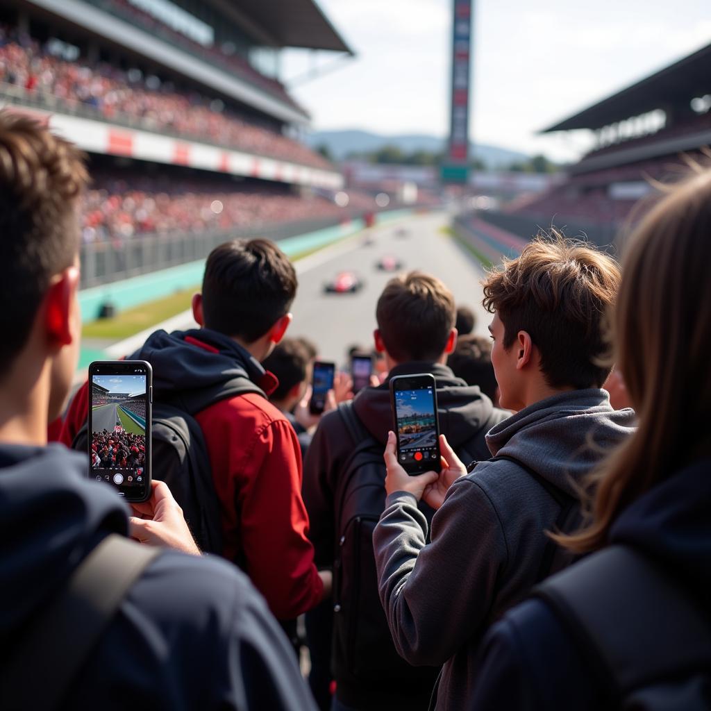 Fans checking the weather forecast on their phones during an F1 race.