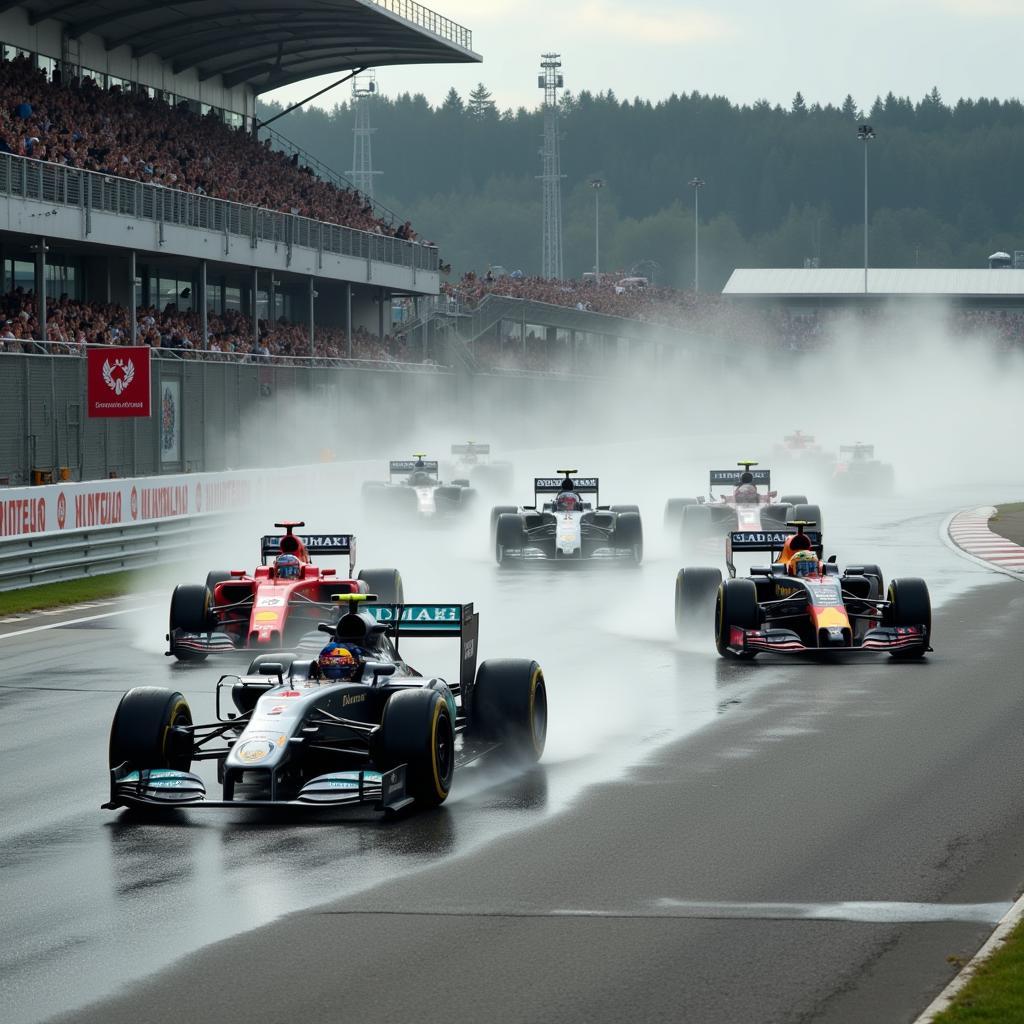 F1 cars navigating a wet track during a race