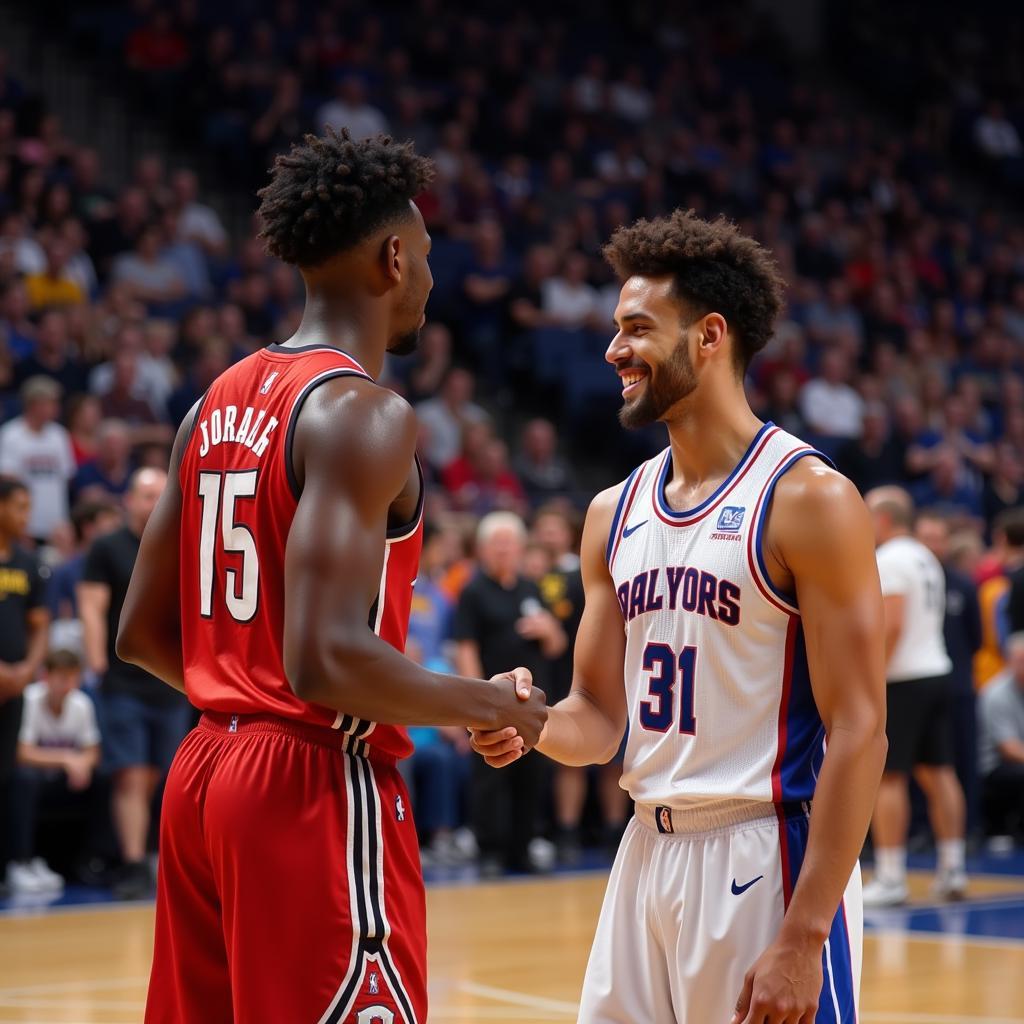 Basketball players shaking hands after a game