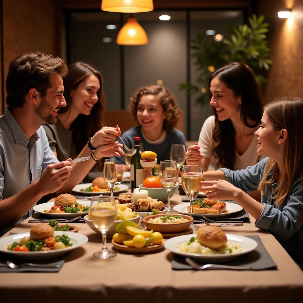 A happy family gathered around a table, enjoying a delicious, chef-prepared meal.