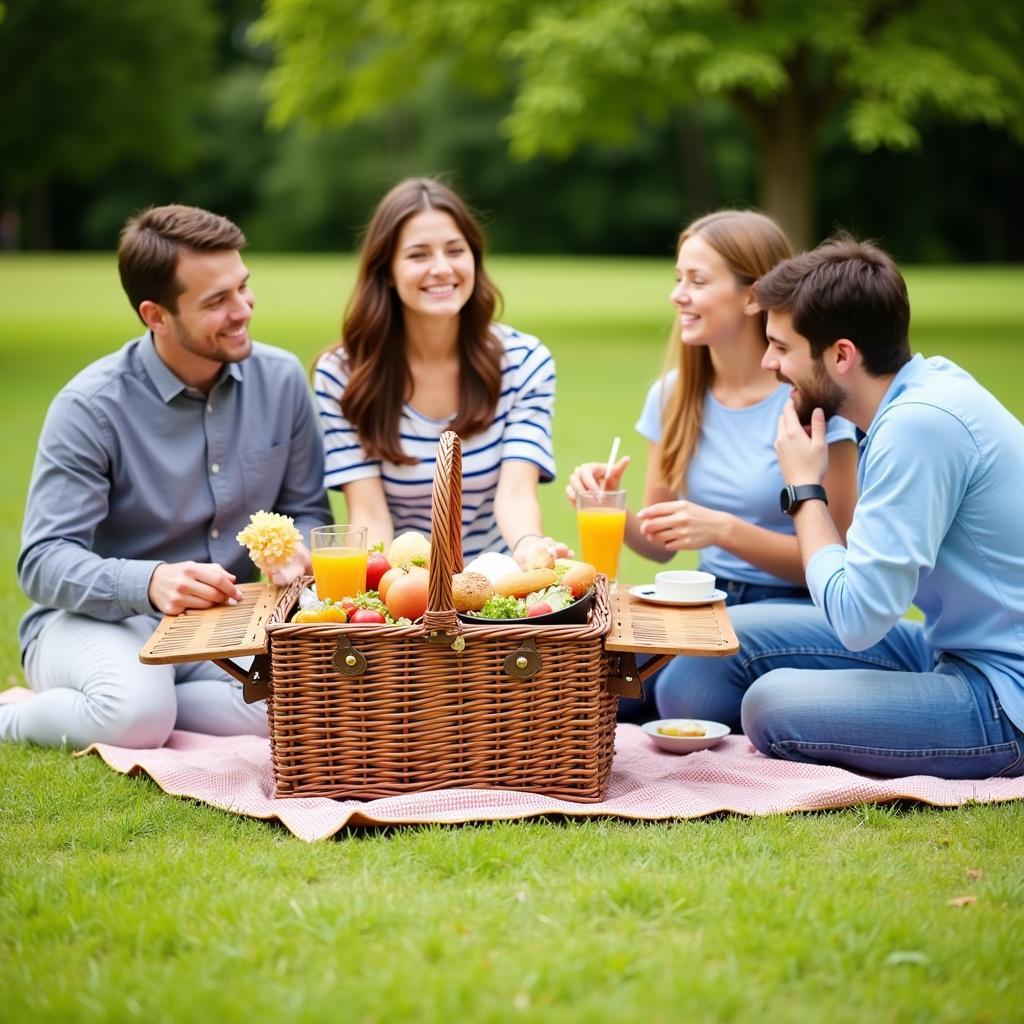 A family enjoys a picnic using a wicker basket with an attached table in a sunny park.