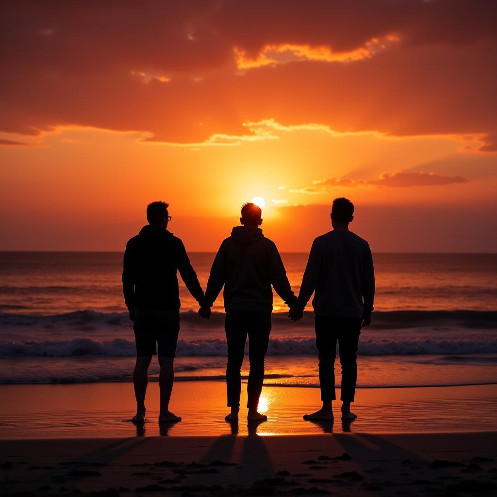 Family of three adults posing on the beach at sunset