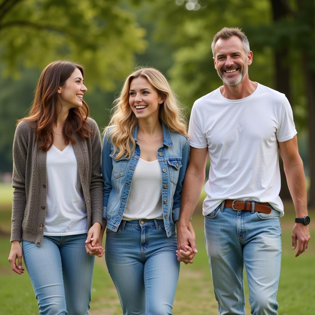 Family of three adults walking together for a dynamic photo