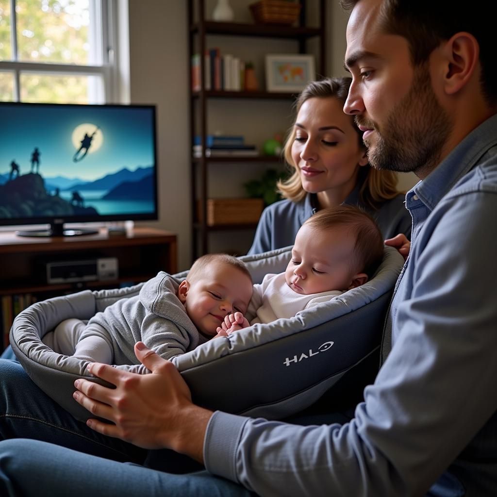 A family enjoys a Yamal game with their baby resting comfortably in a Halo Pack and Play.