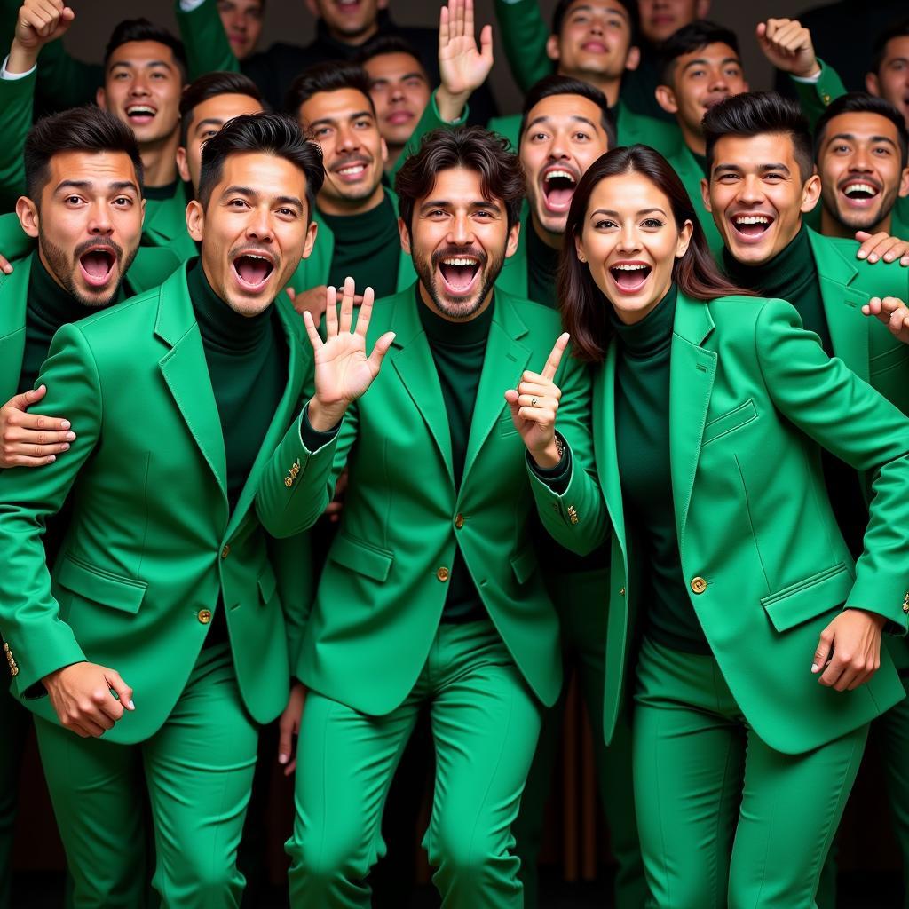 Fans dressed in green suits and turtlenecks in support of Yamal.