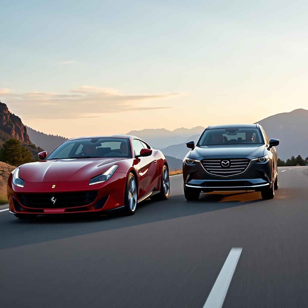 Ferrari Purosangue and Mazda CX-9 driving on the road showcasing their different road presences