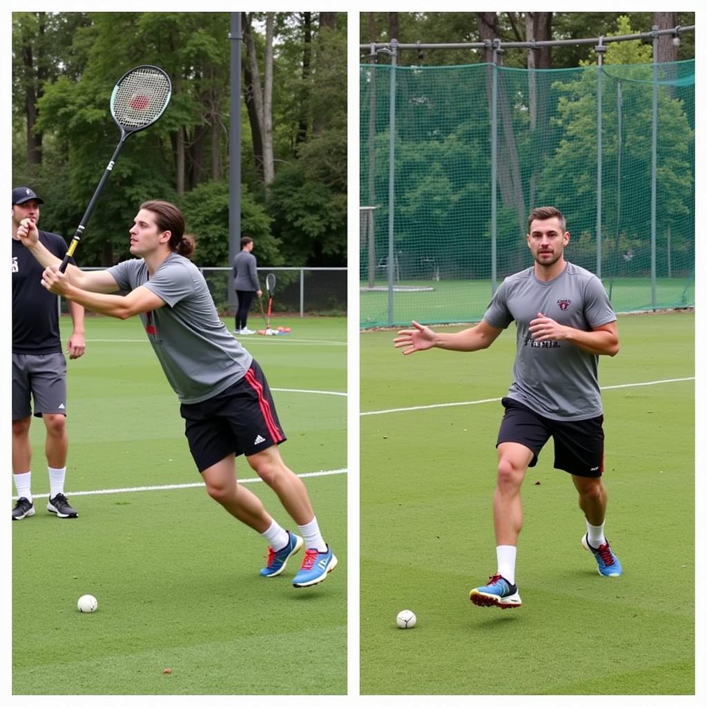 A field goal holder practicing their technique during a training session.