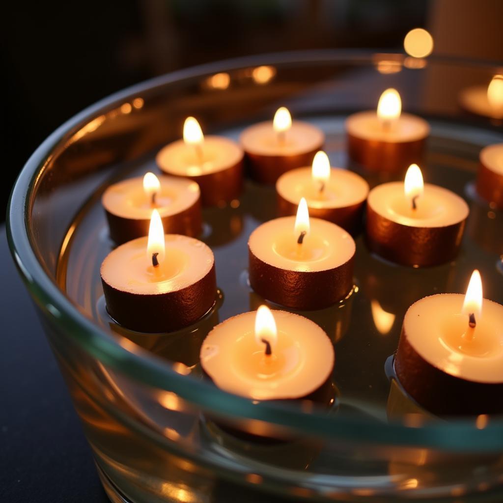 Floating candles in a bowl of water create a calming atmosphere