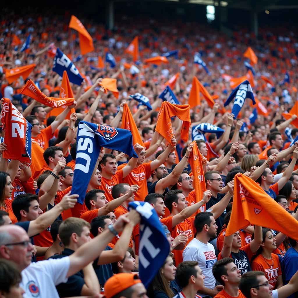 Football fans waving long towels in support of their team