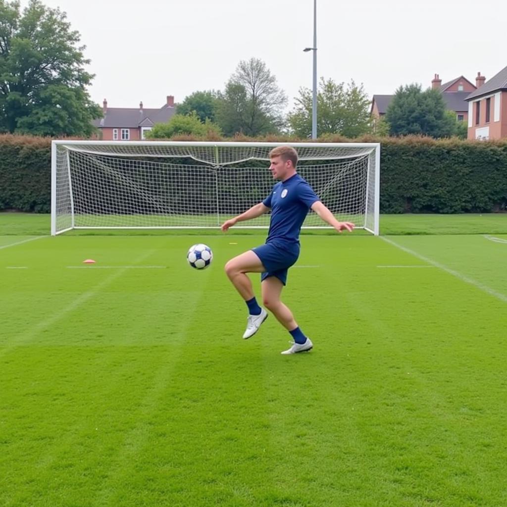 A football player practices free-kicks, focusing on the outside elevator technique.