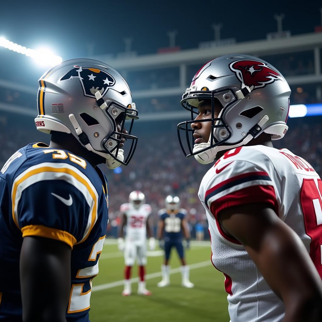 Football players wearing chrome helmets during a game.