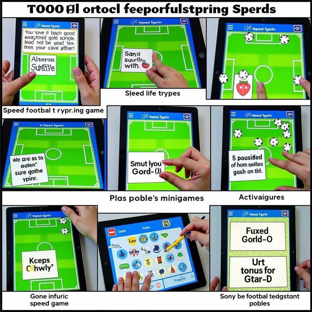 Different variations of football typing games displayed on various devices, including desktop computers, tablets, and mobile phones.