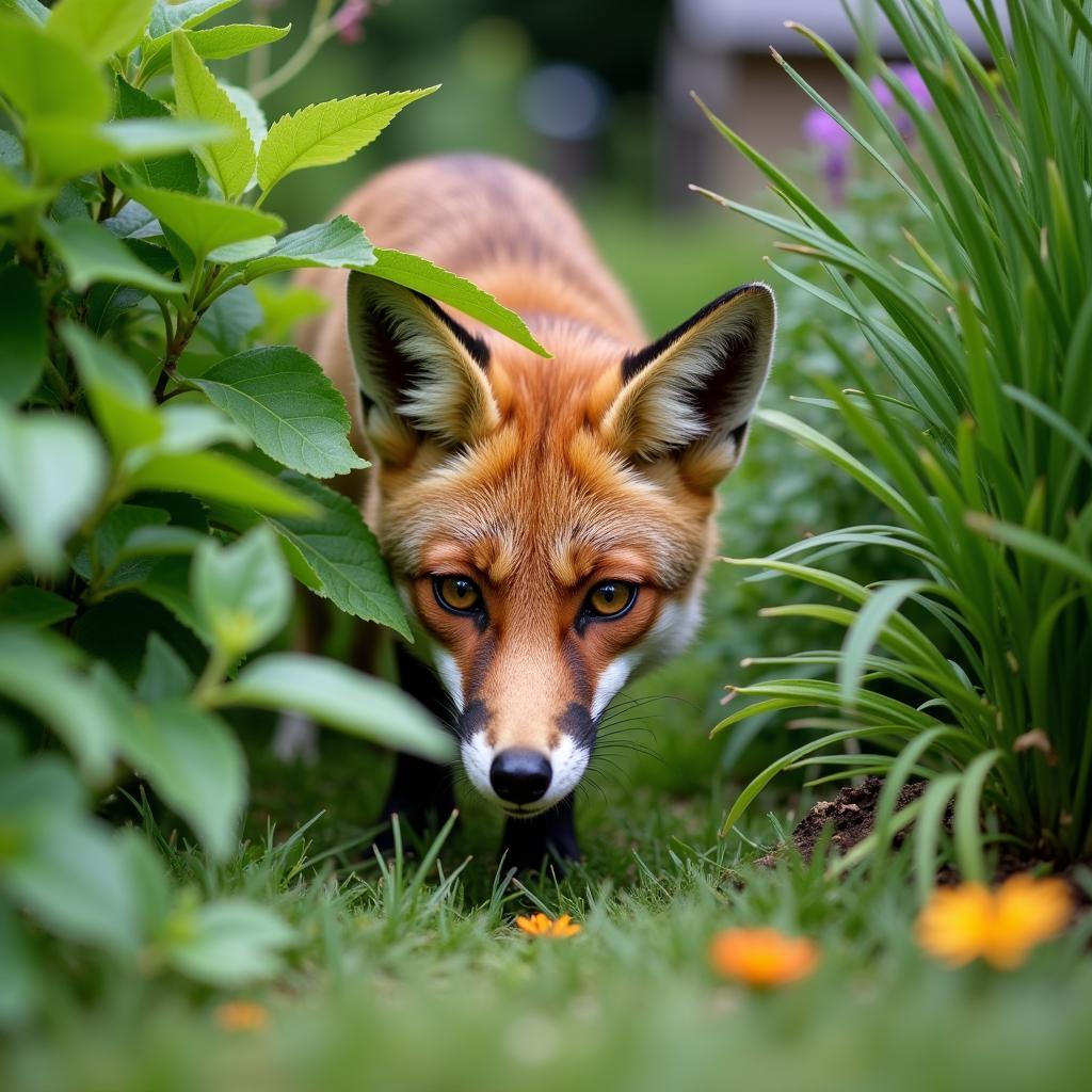 Fox exploring a backyard garden