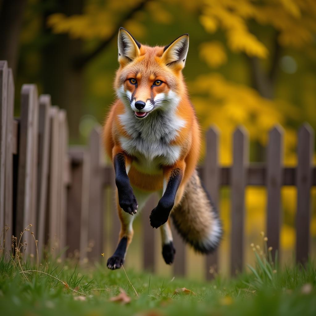 Red fox jumping a wooden fence