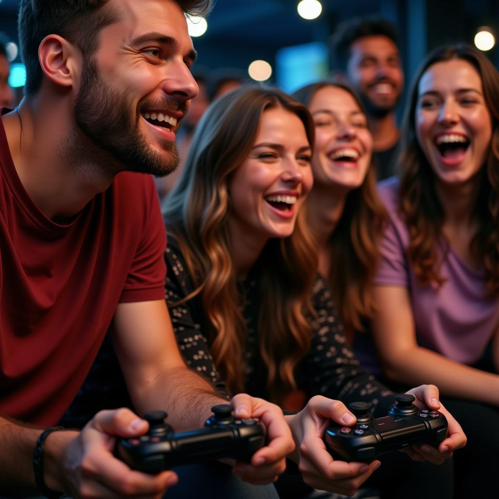 Group of friends enjoying a PS3 party game