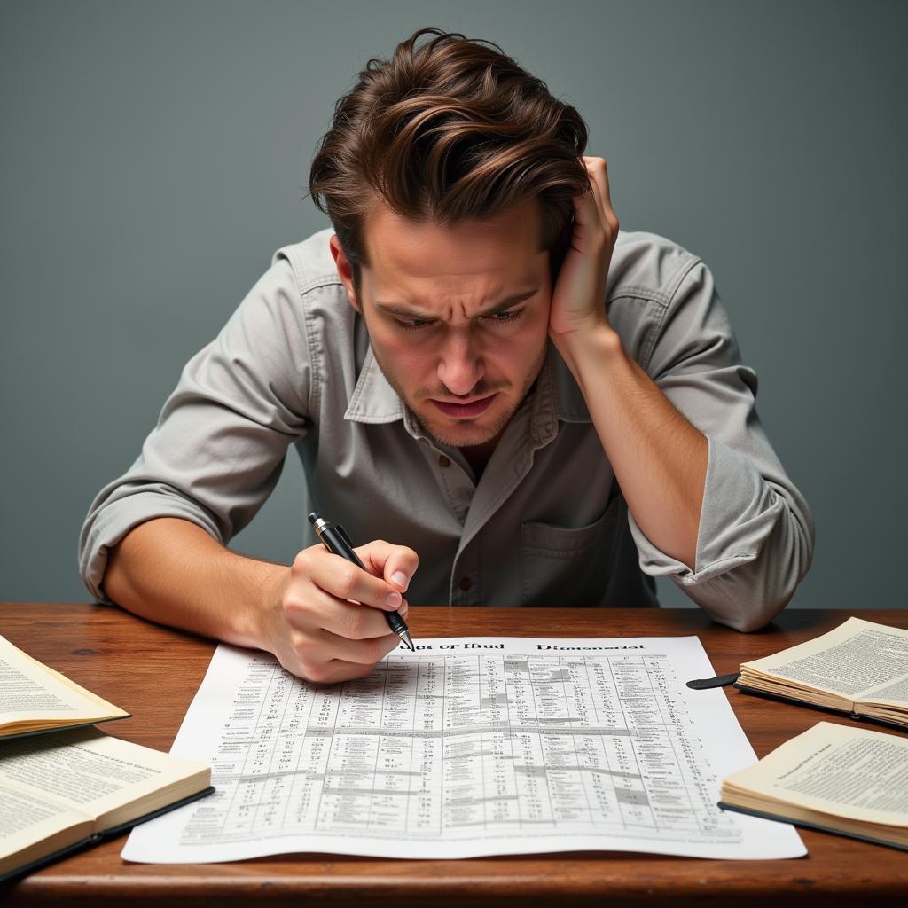 A person looking frustrated while attempting a crossword puzzle