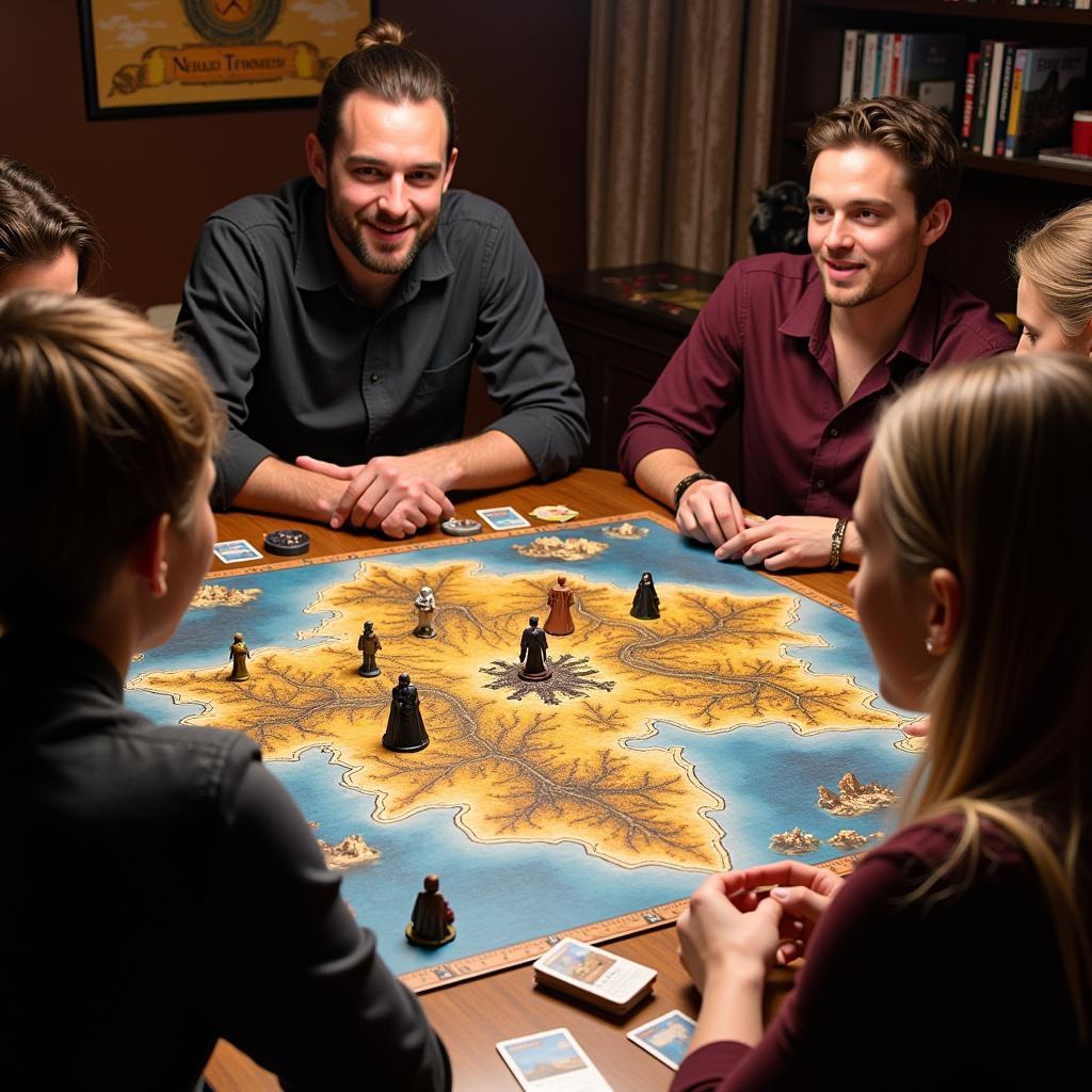 Game of Thrones Board Game Edition: A tabletop setup of the Game of Thrones board game, showcasing the game board, playing pieces, and cards.