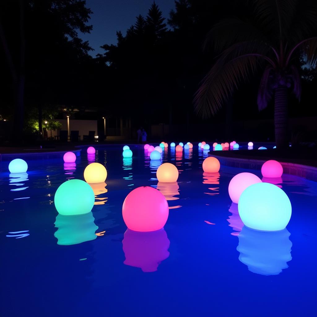 Glowing pool balls illuminating a night swim in a backyard pool