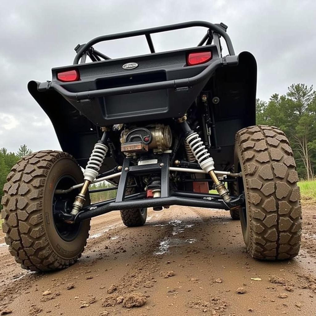 Go Kart Mud Monster Lifted Suspension: Demonstrating increased ground clearance for navigating muddy obstacles.