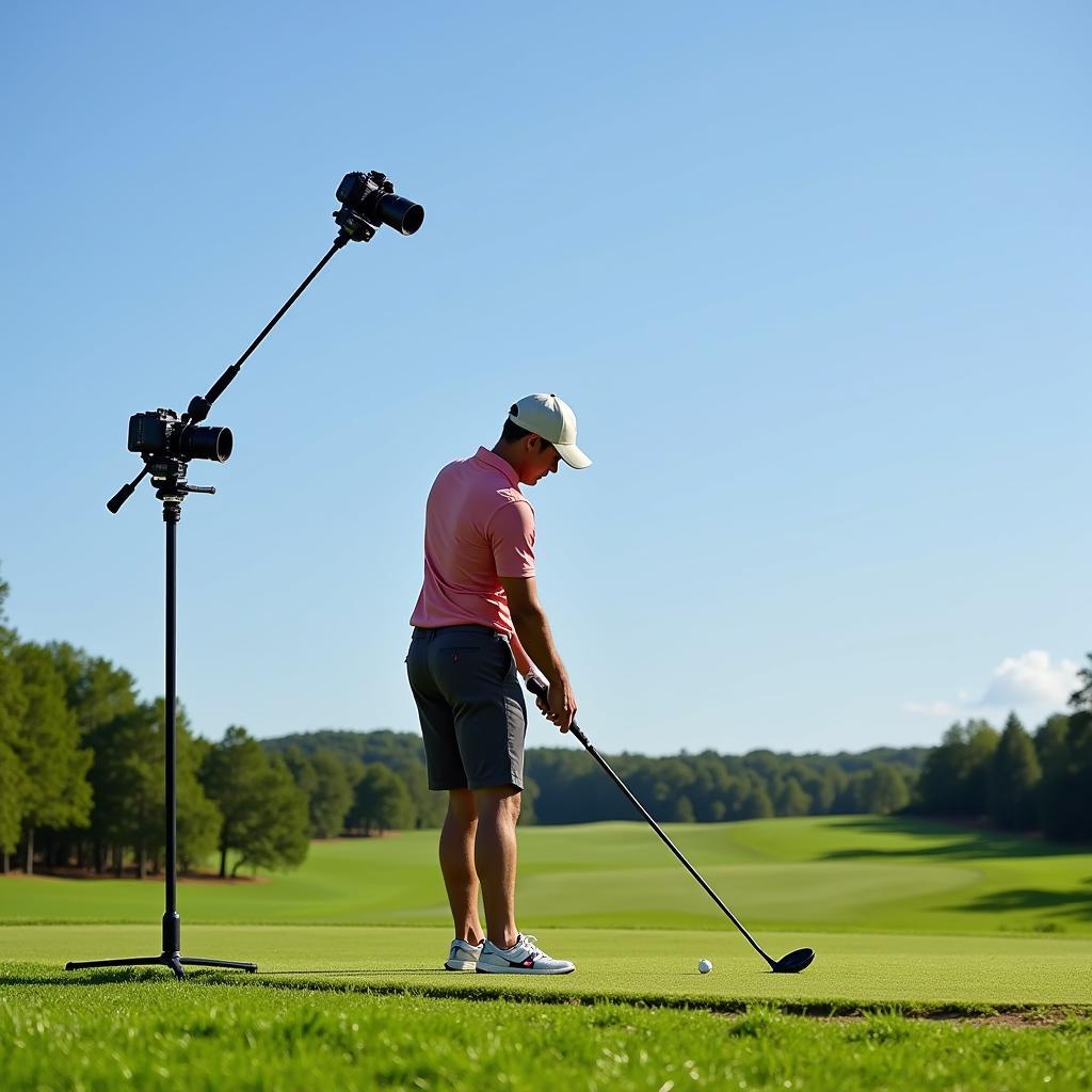 Golfer using a golf camera stick to record their swing