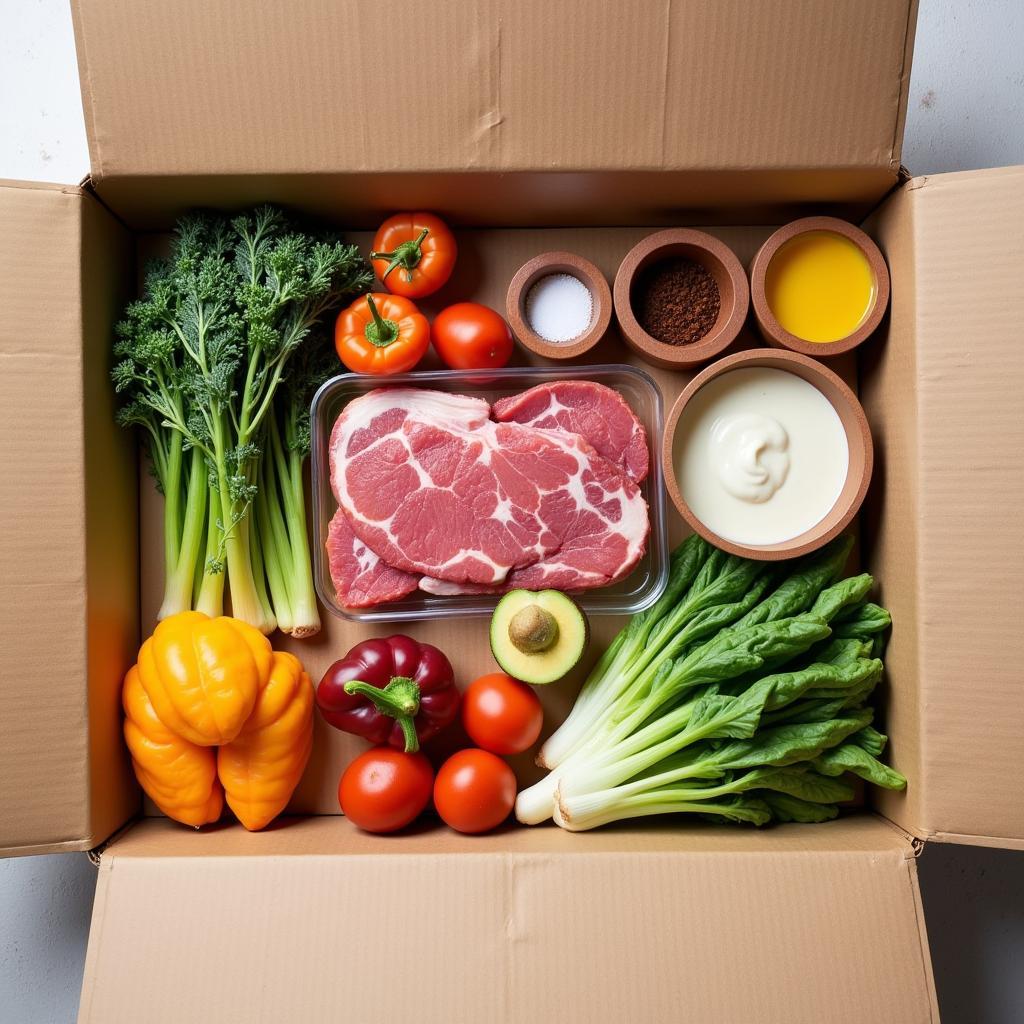 A beautifully arranged meal kit box with fresh, pre-portioned ingredients.