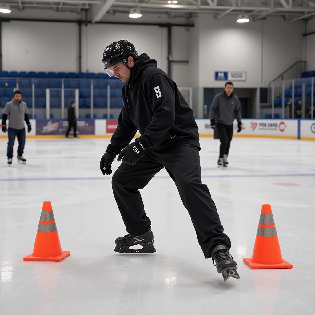 Practicing the grim reaper skate with cones