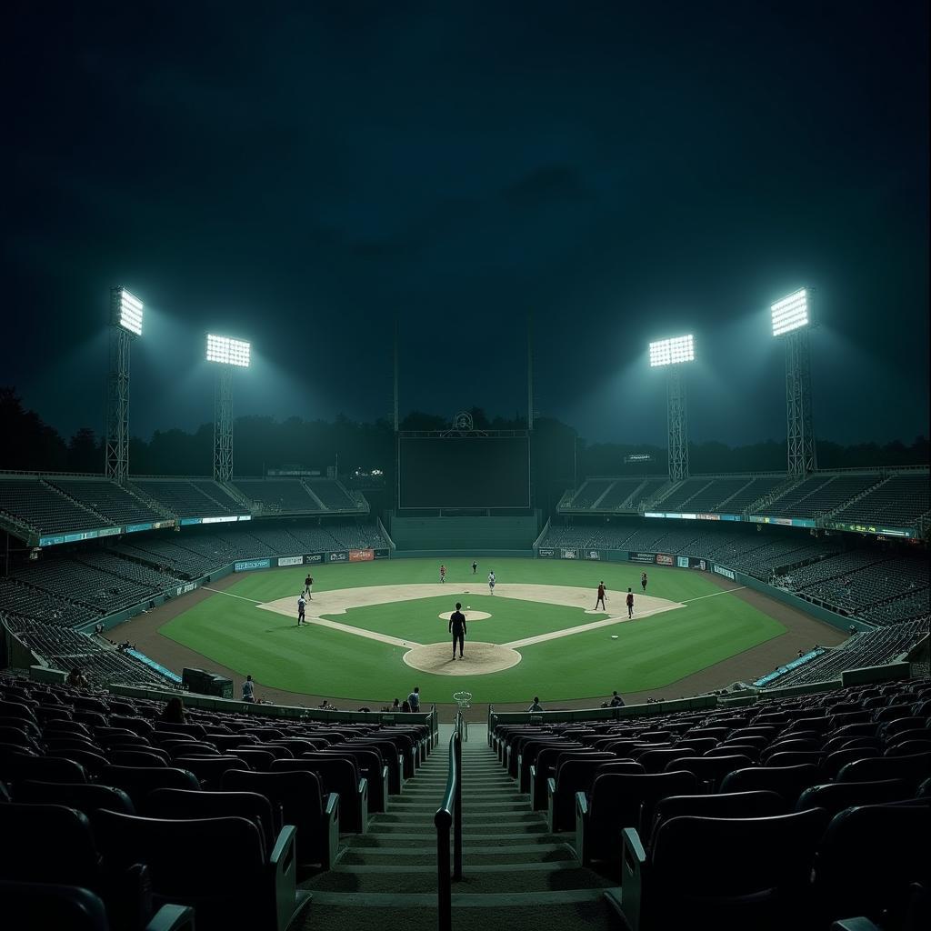 Abandoned Eastern League ballparks at night with ghostly figures