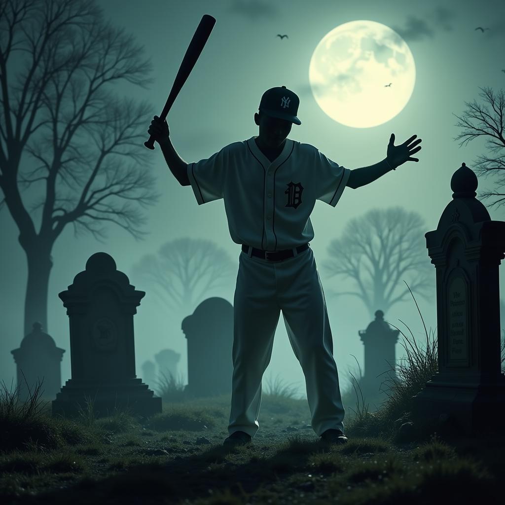 A ghostly, headless baseball player swinging a bat in a misty graveyard