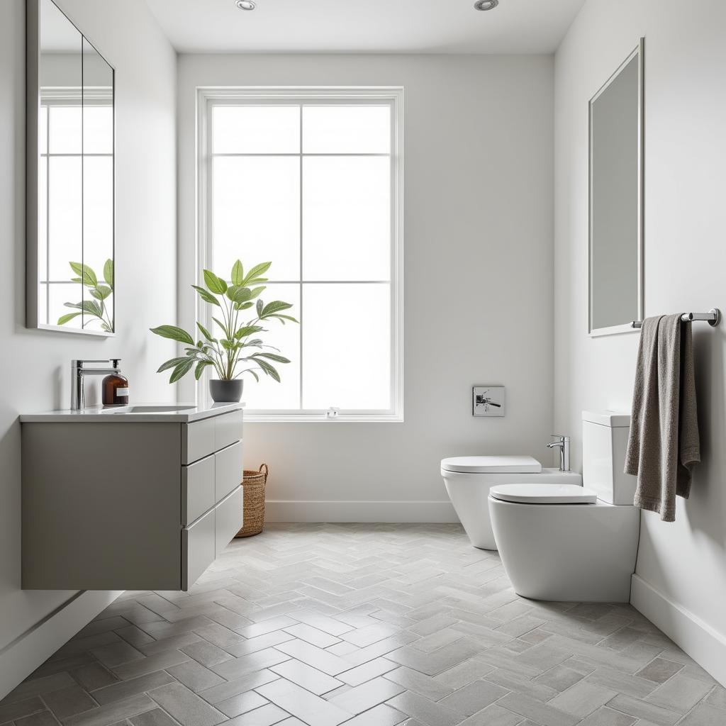 Modern Bathroom with Herringbone Porcelain Tile Floor