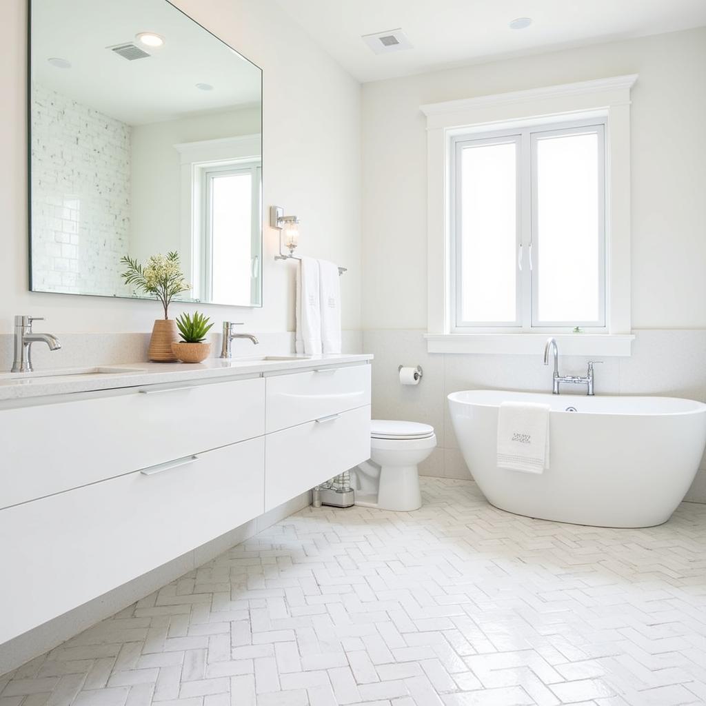 Modern bathroom with white herringbone tile floor