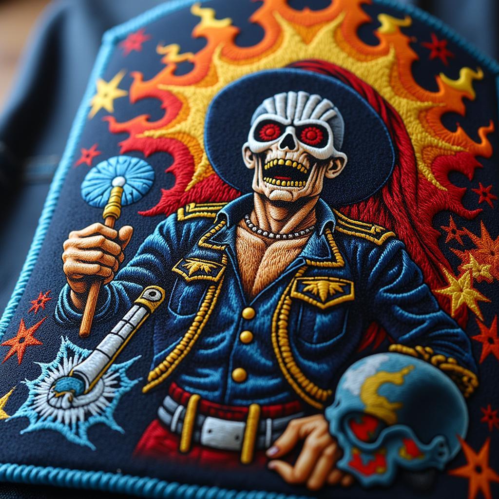 Close-up of a high-quality Iron Maiden back patch showing detailed embroidery and durable fabric