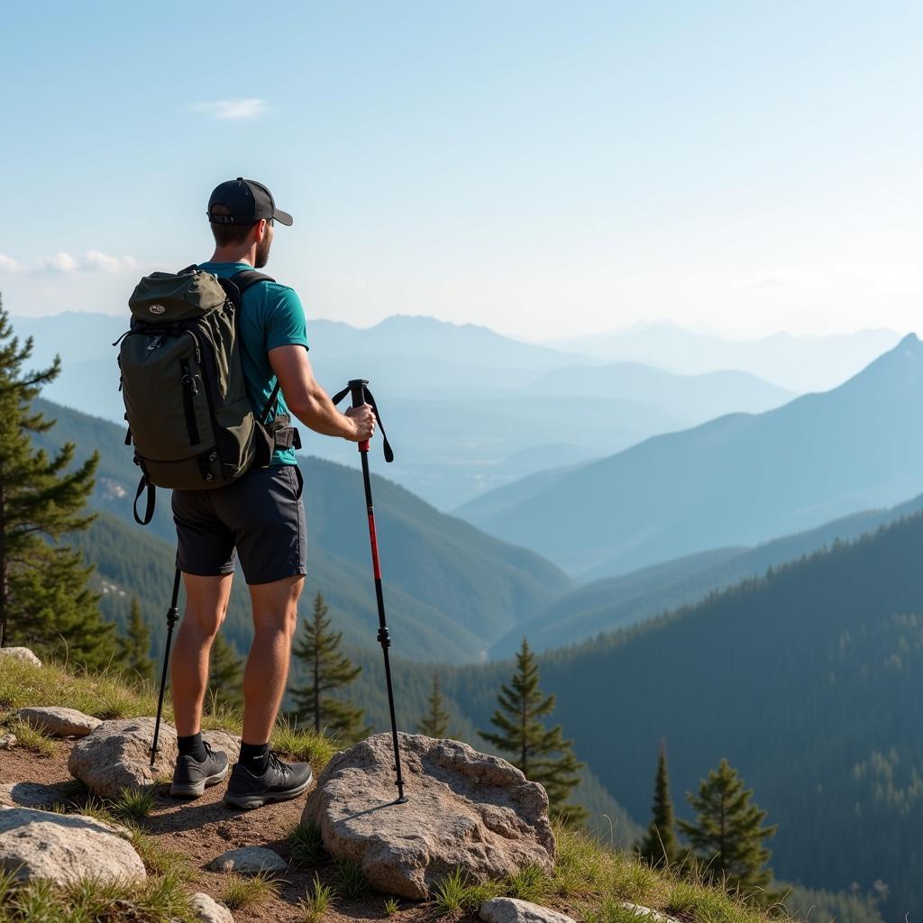 Hiker with trekking poles enjoying a mountain view for weight loss