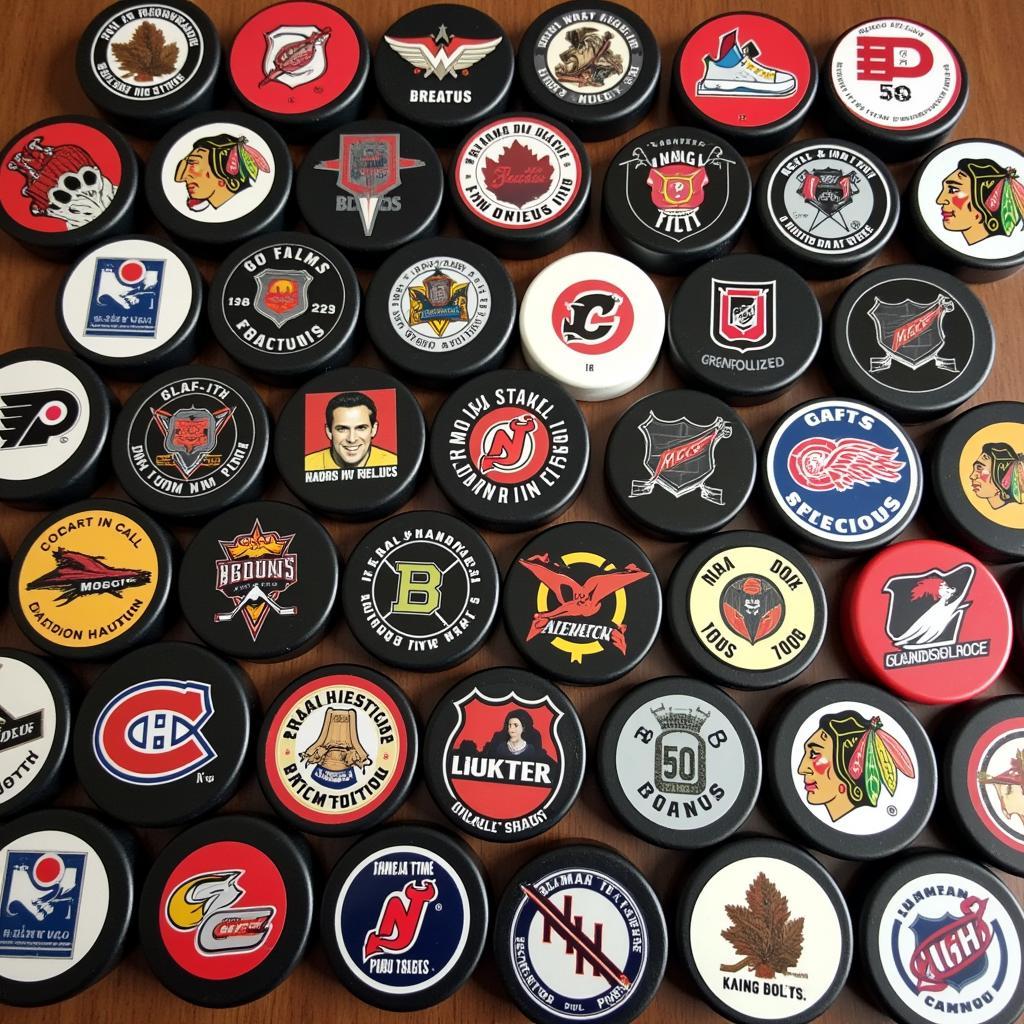 A collection of various hockey puck magnets