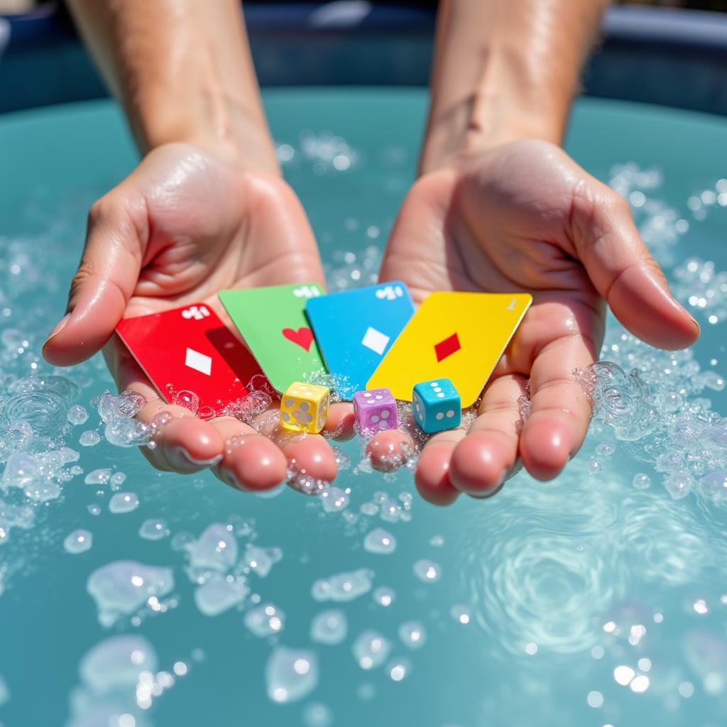 People playing card games and dice games in a hot tub