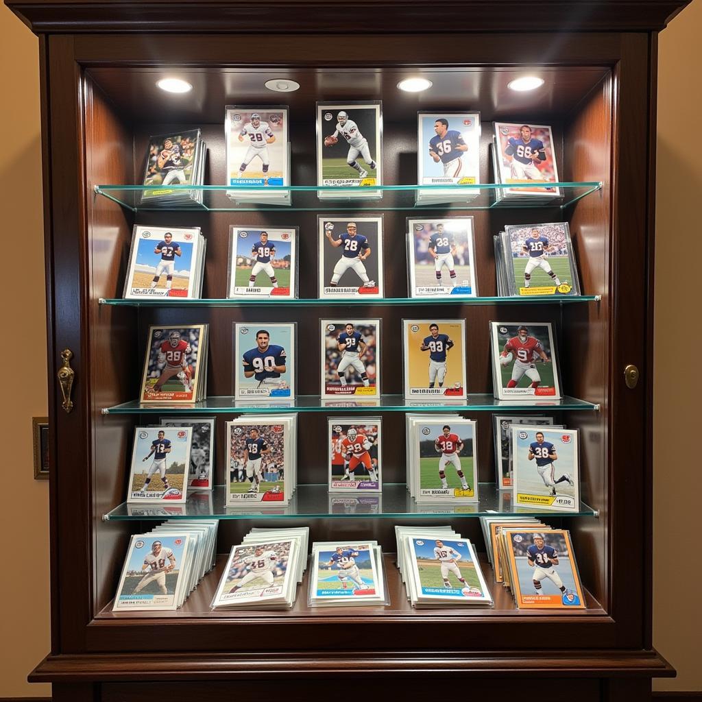 A display case filled with Howie Long football cards