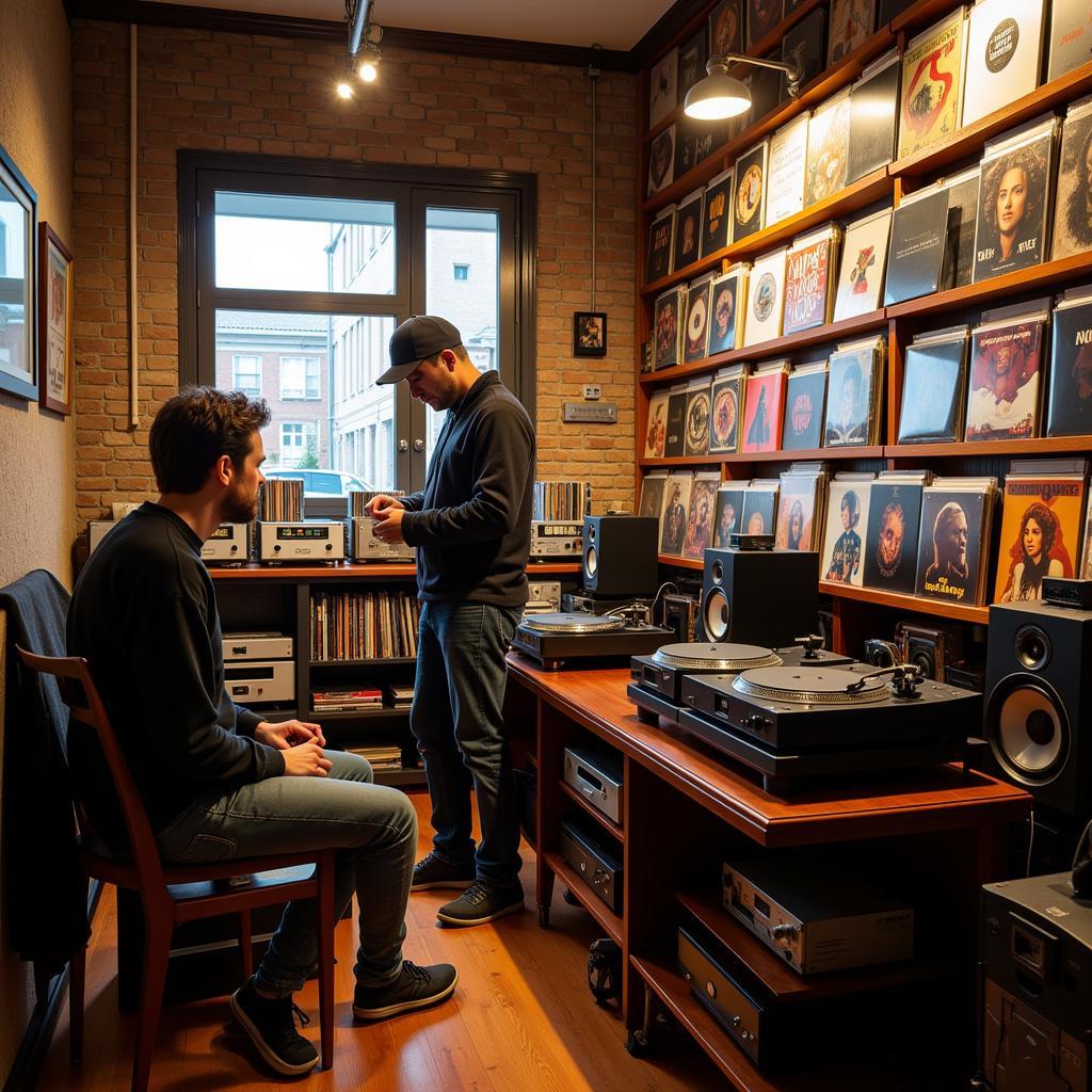 Inside a cozy independent electronics store in Vancouver, specializing in high-end audio equipment, with a knowledgeable staff member assisting a customer.