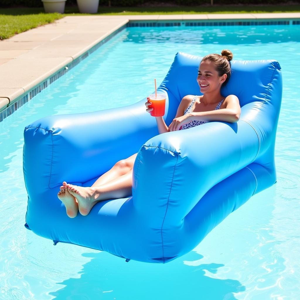 Relaxing on an inflatable pool lounger with a drink in hand.