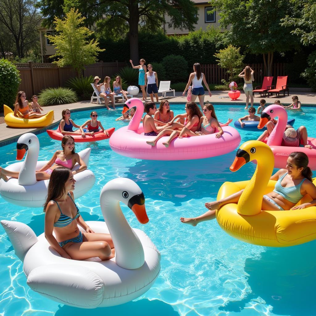 People enjoying a pool party with various inflatable pool furniture.