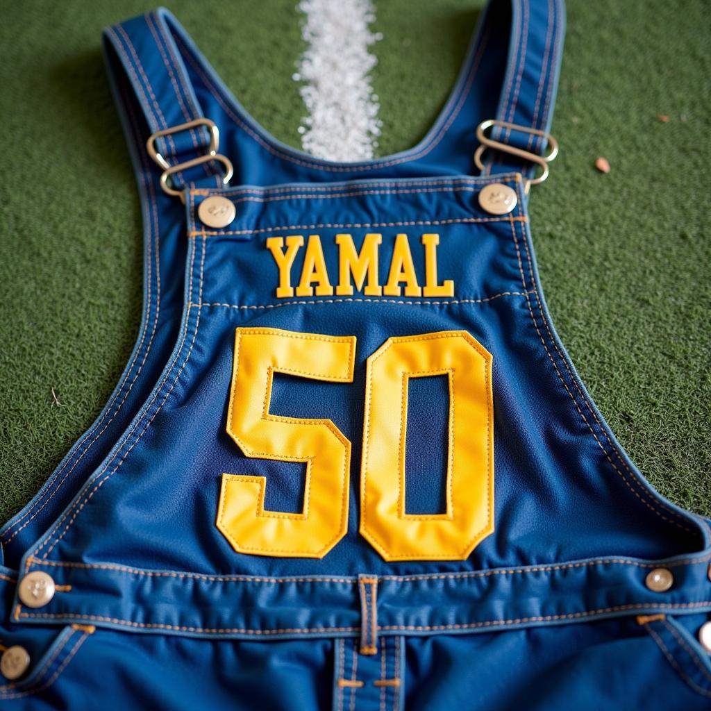 Close-up of Iowa overalls with Yamal's jersey number sewn on, symbolizing hard work and dedication.