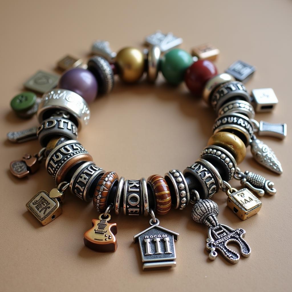 A close-up shot of a personalized Italian charm bracelet featuring a mix of Murano glass, silver, and gold charms.