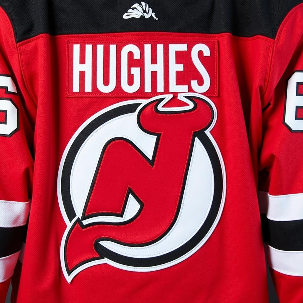 Jack Hughes authentic jersey in New Jersey Devils colors.