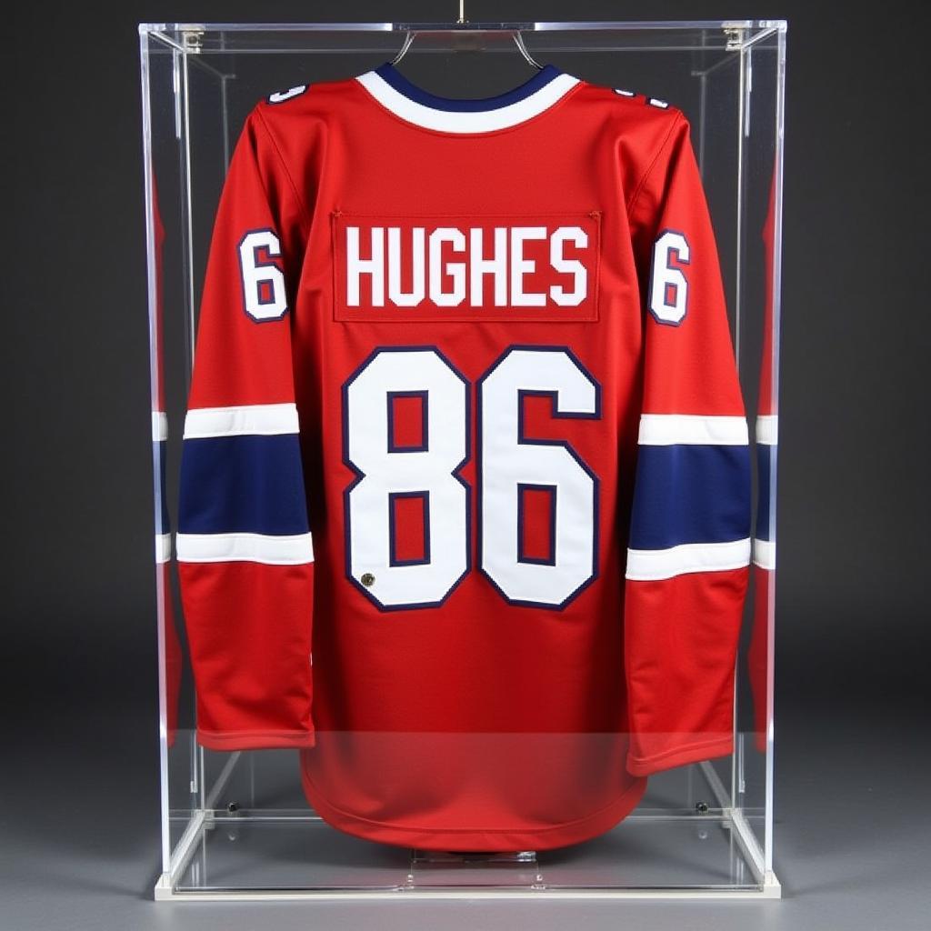 Displaying an authentic Jack Hughes jersey in a protective case.