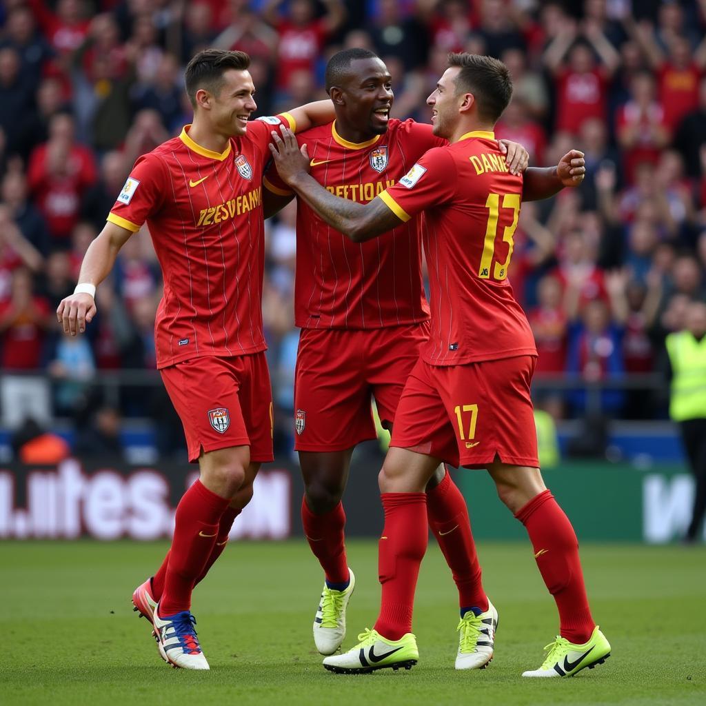 Josh Daniels celebrating a goal with his teammates, highlighting his leadership and team spirit.