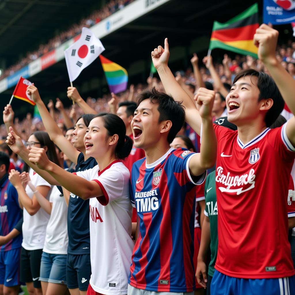 Fans wearing various K League jerseys, cheering and celebrating at a football match.