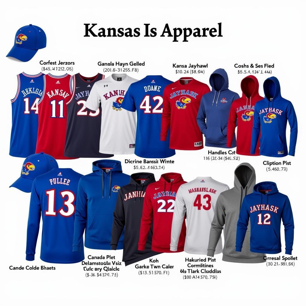 A wide variety of Kansas Jayhawk apparel, including jerseys, t-shirts, hoodies, and hats, displayed on mannequins and shelves.