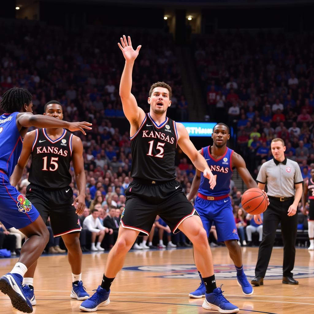 Kansas Jayhawks players wearing black jerseys during a game