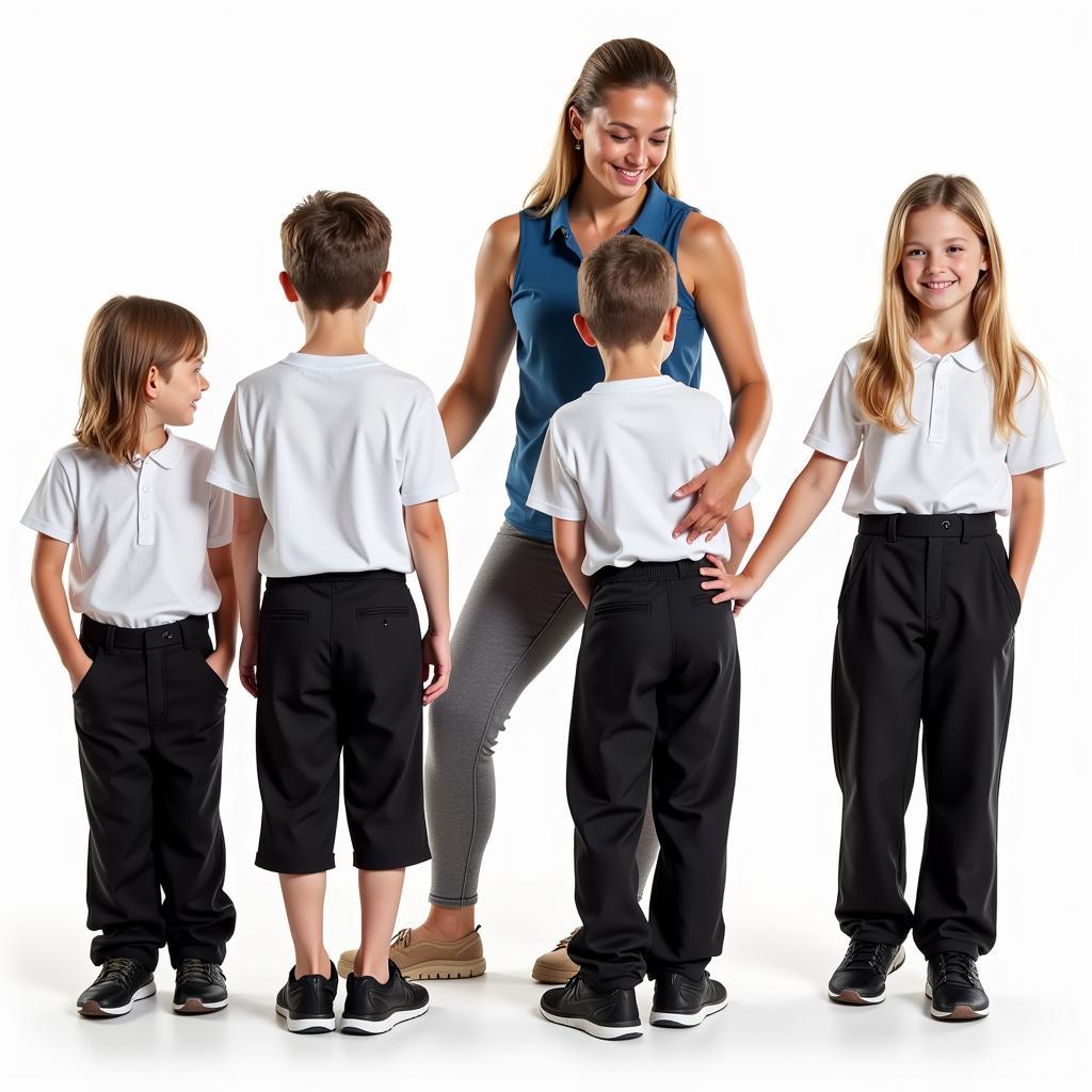 Kids trying on different sizes of black baseball pants to find the perfect fit