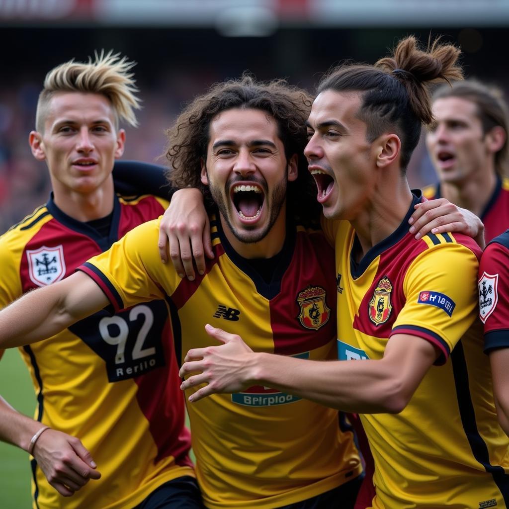 Lamine Yamal celebrating a goal with teammates, highlighting his joy and passion for the game.